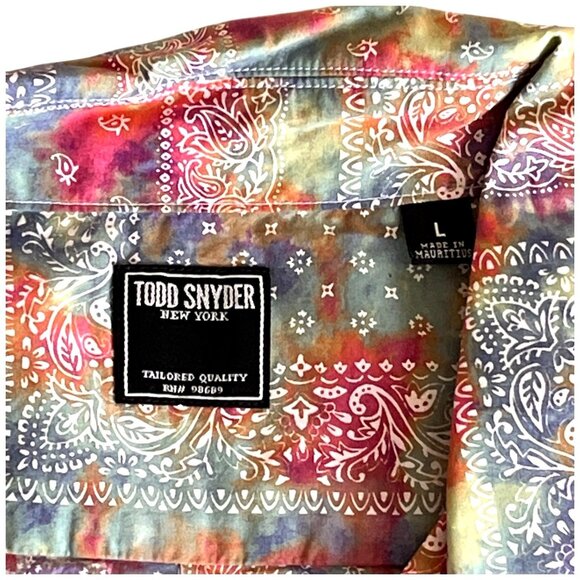 Todd Snyder Mens Camp Shirt Abstract Multicolor Bandana Print Paisley Motifs L - Picture 8 of 9